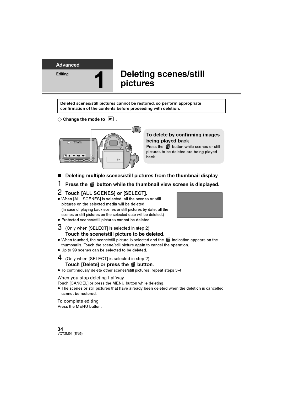 Panasonic HDC-SD700 HDC-TM700 HDC-HS700 Deleting scenes/still, To delete by confirming images being played back 