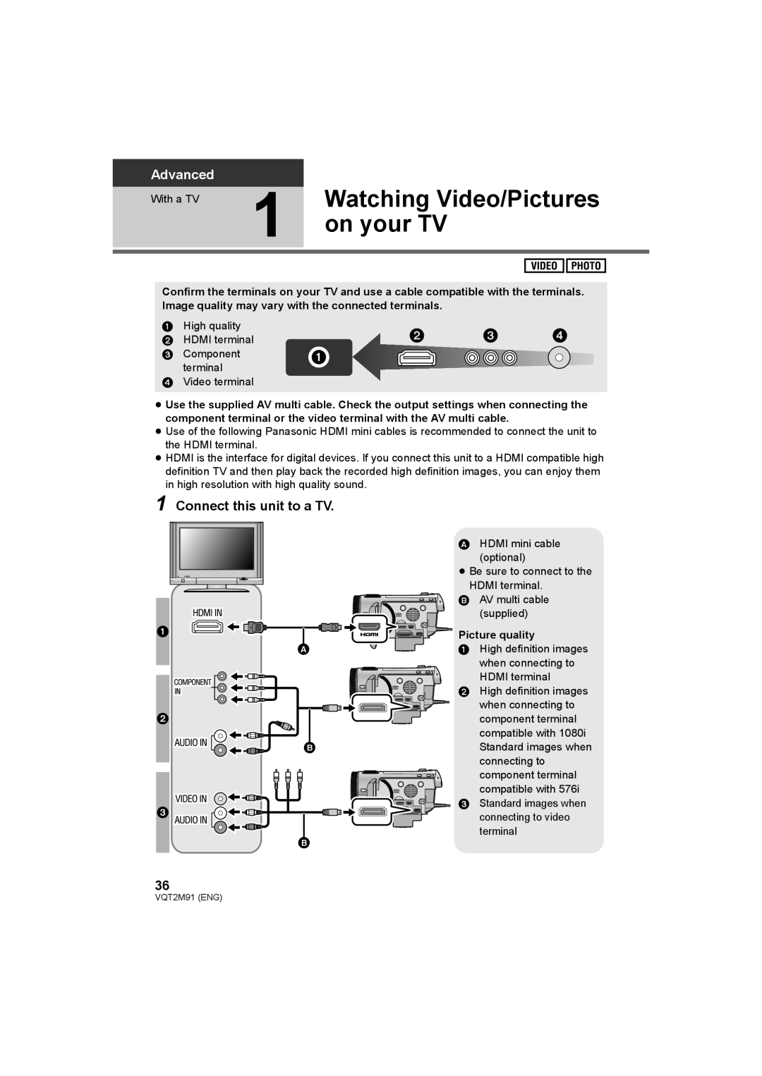 Panasonic HDC-SD700 HDC-TM700 HDC-HS700 Watching Video/Pictures, On your TV, Connect this unit to a TV, Picture quality 