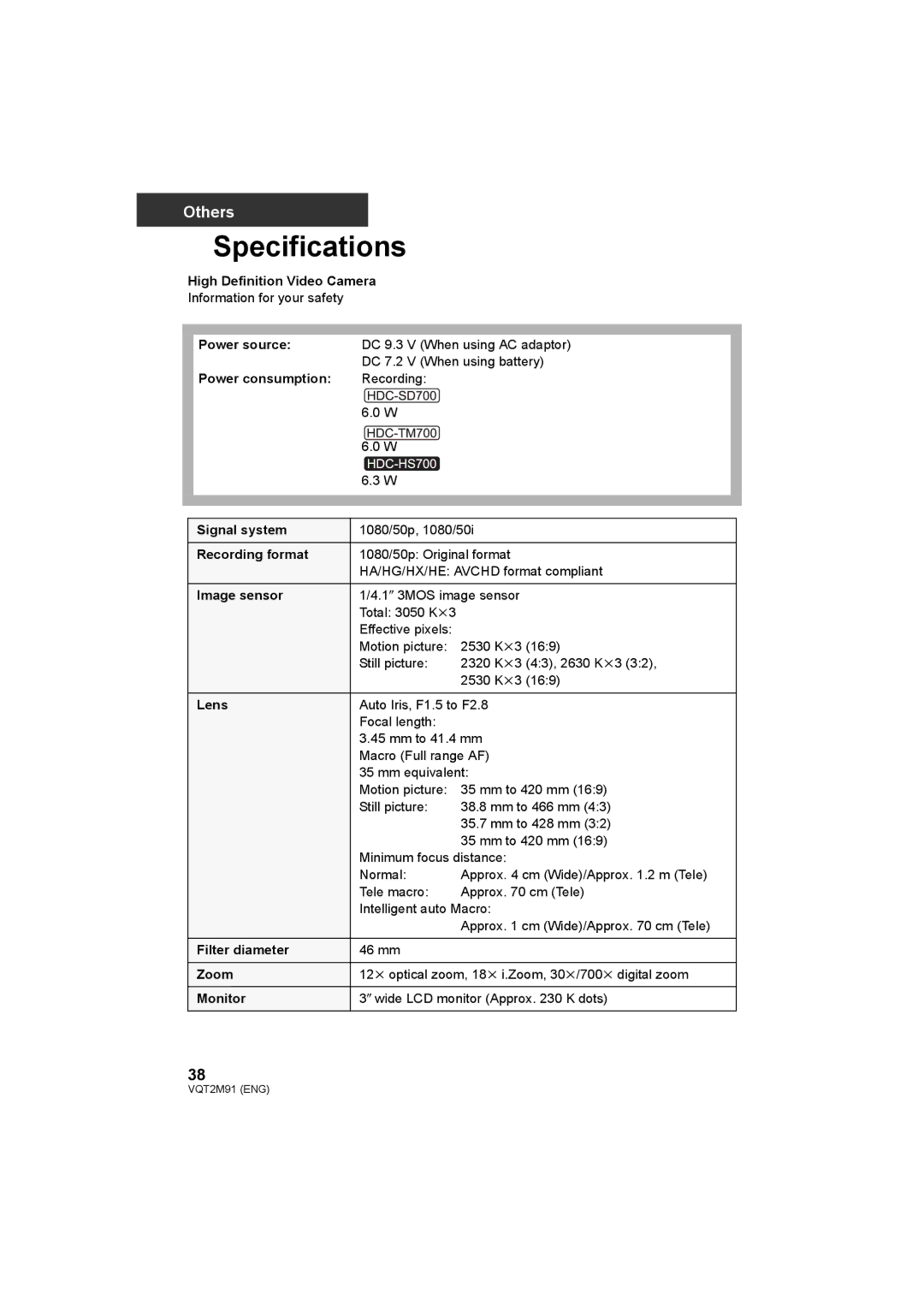 Panasonic HDC-SD700 HDC-TM700 HDC-HS700 operating instructions Specifications 