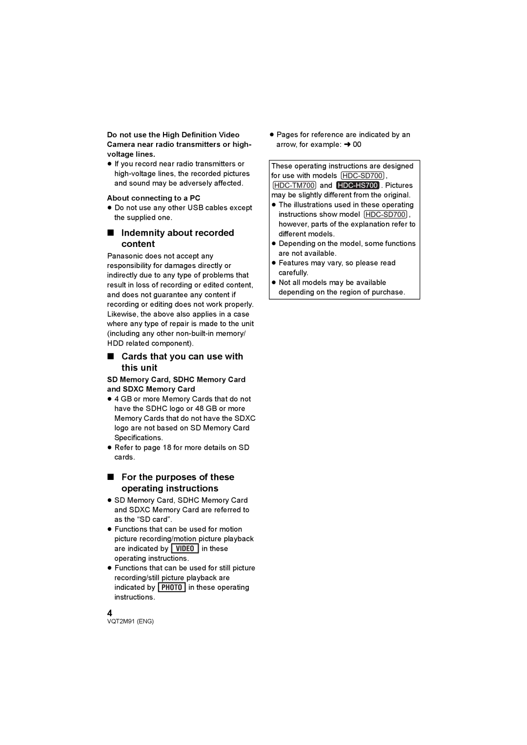 Panasonic HDC-SD700 HDC-TM700 HDC-HS700 Indemnity about recorded content, Cards that you can use with This unit 