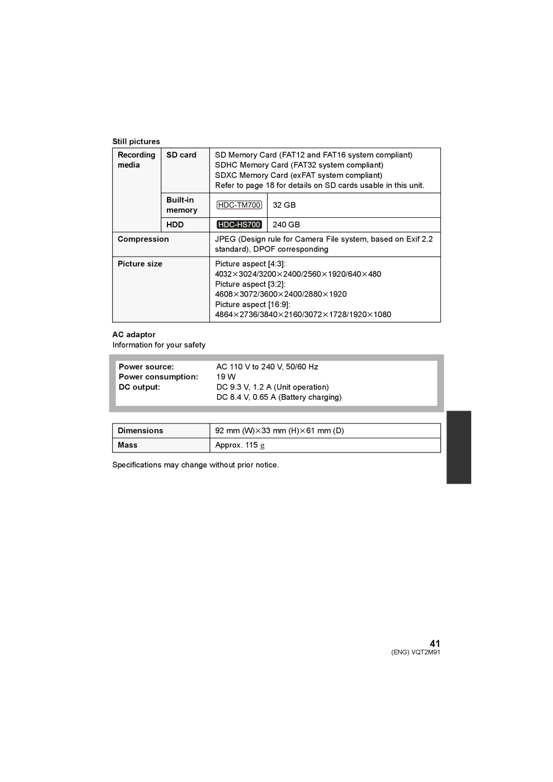 Panasonic HDC-SD700 HDC-TM700 HDC-HS700 operating instructions Still pictures Recording SD card, Compression, DC output 