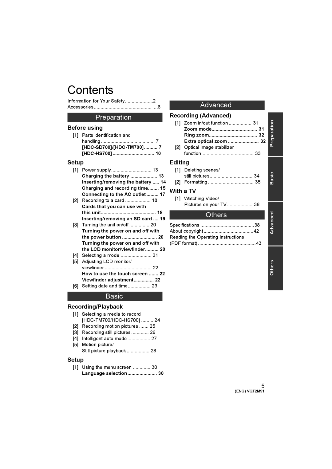 Panasonic HDC-SD700 HDC-TM700 HDC-HS700 operating instructions Contents 