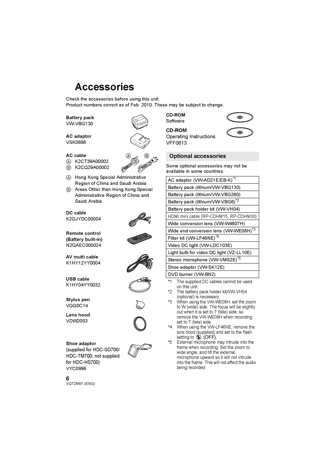 Panasonic HDC-SD700 HDC-TM700 HDC-HS700 operating instructions Accessories, Optional accessories 