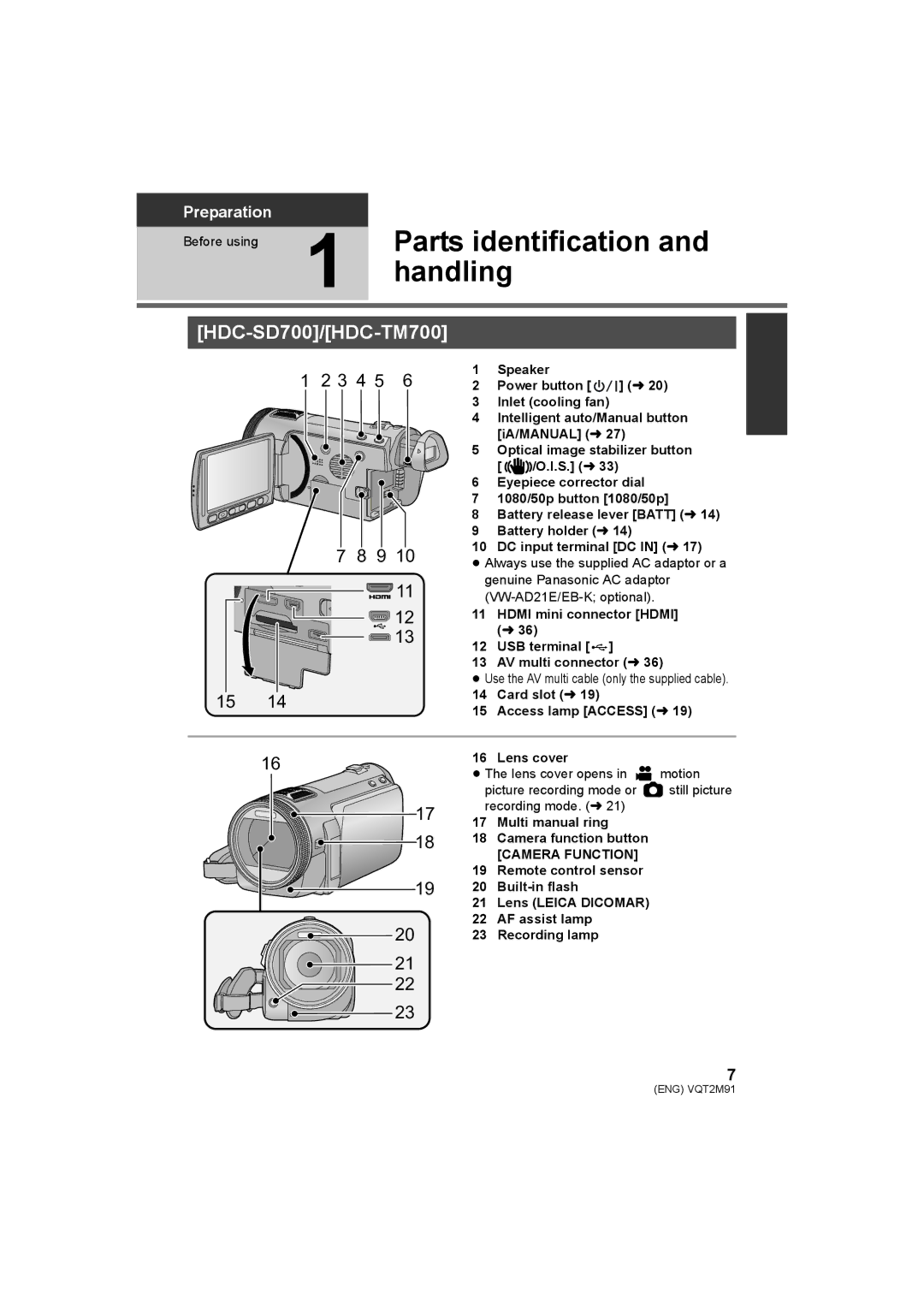 Panasonic HDC-SD700 HDC-TM700 HDC-HS700 operating instructions Parts identification, Speaker, Hdmi mini connector Hdmi 