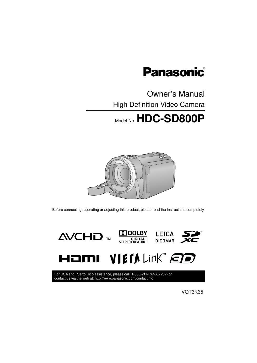 Panasonic HDC-SD800P owner manual High Definition Video Camera 