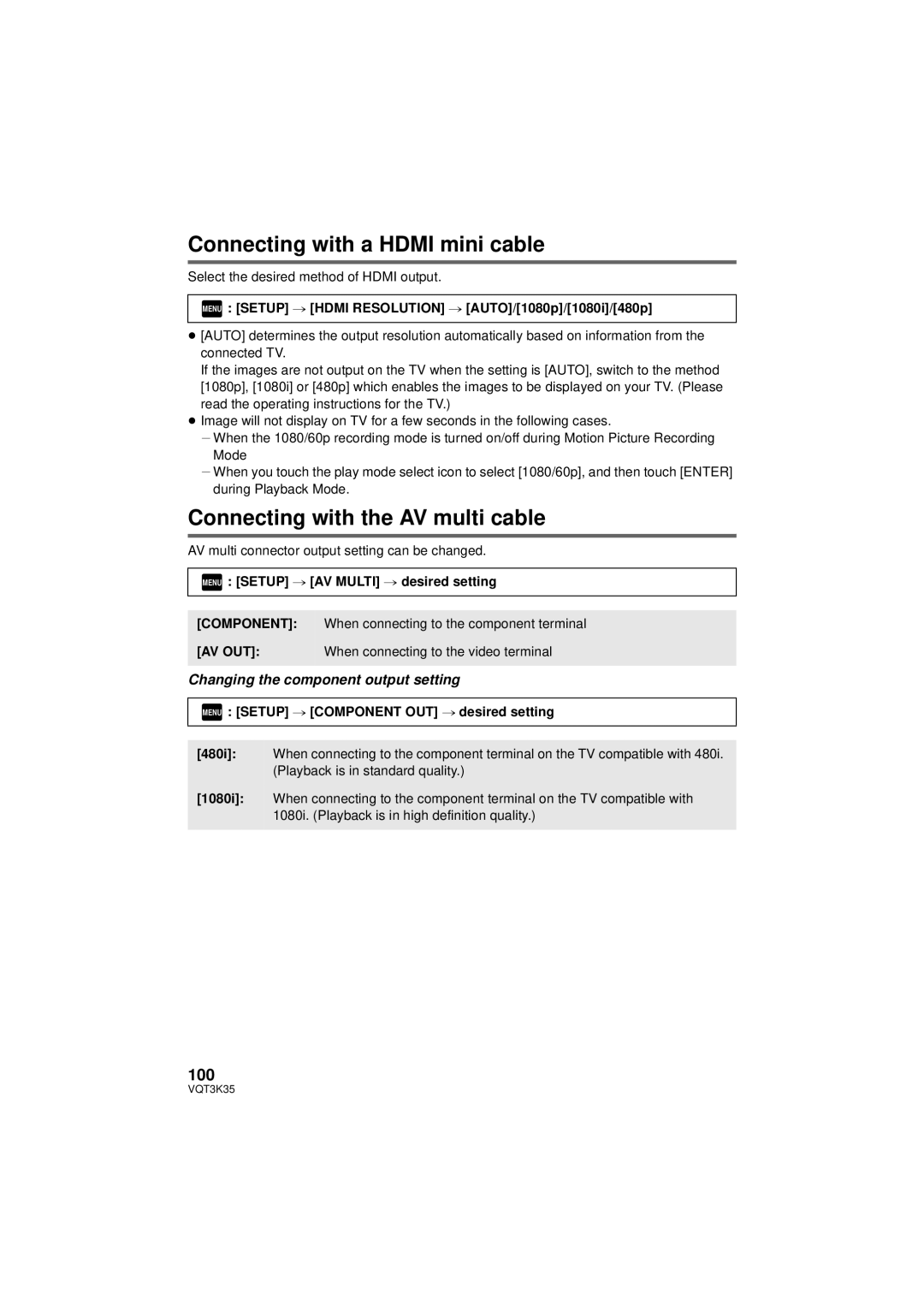 Panasonic HDC-SD800P owner manual Connecting with a Hdmi mini cable, Connecting with the AV multi cable, 100 