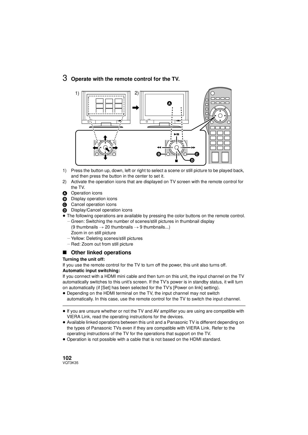 Panasonic HDC-SD800P Operate with the remote control for the TV, Other linked operations, 102, Turning the unit off 