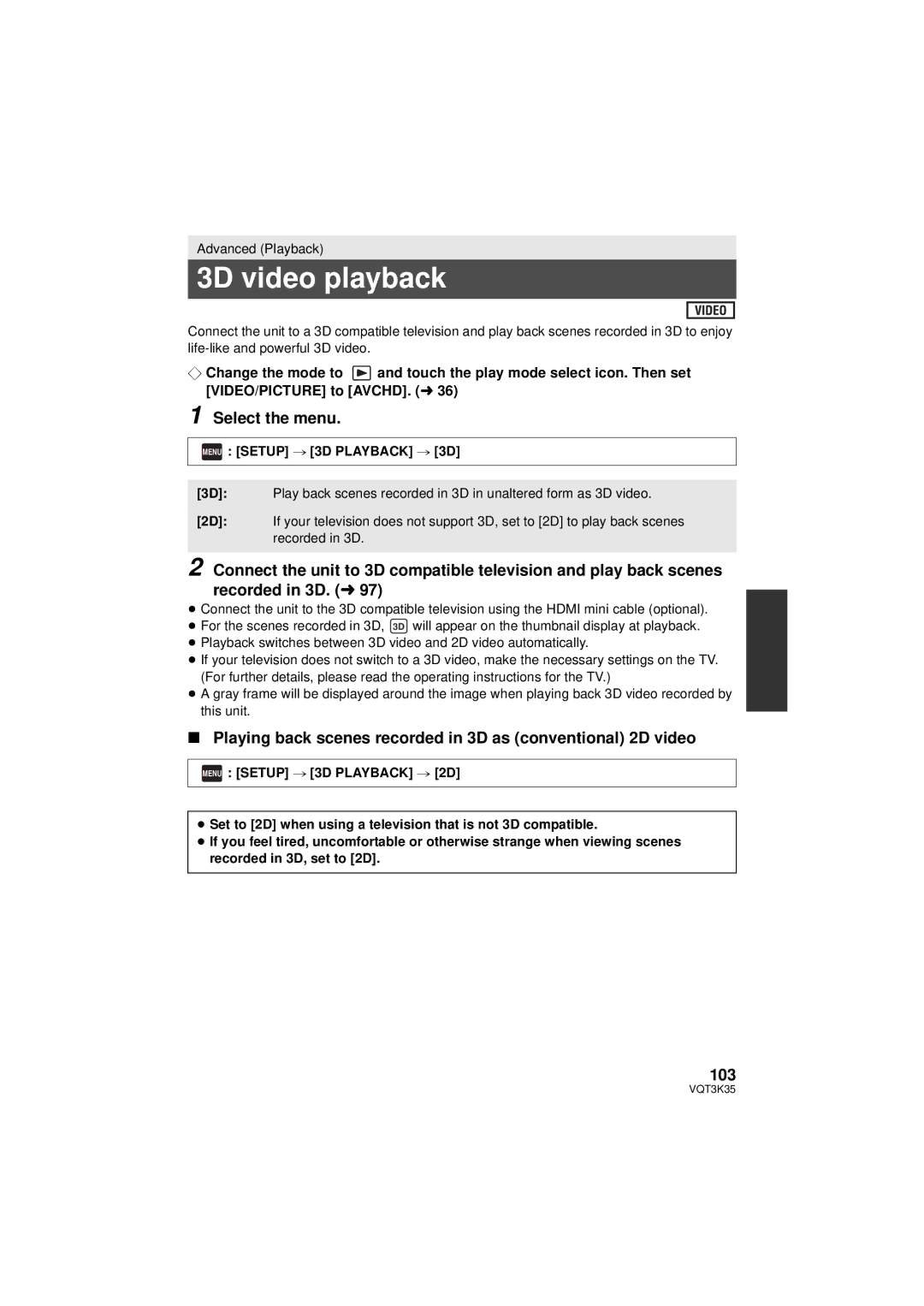 Panasonic HDC-SD800P owner manual 3D video playback, Playing back scenes recorded in 3D as conventional 2D video, 103 