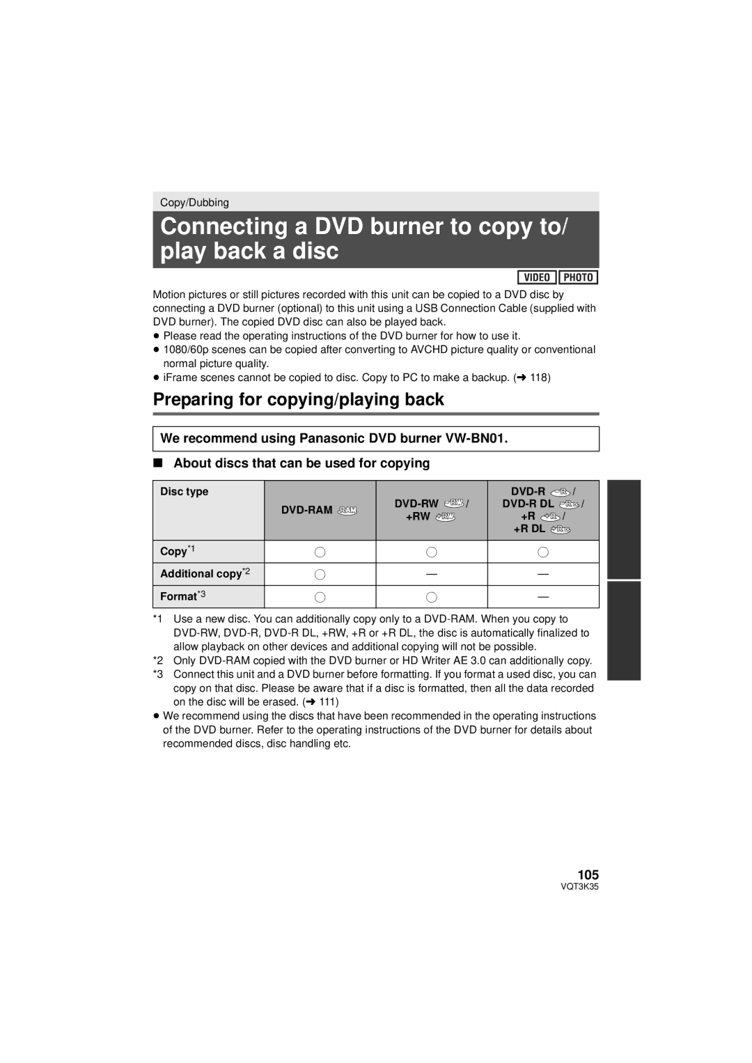 Panasonic HDC-SD800P Connecting a DVD burner to copy to/ play back a disc, Preparing for copying/playing back, 105 