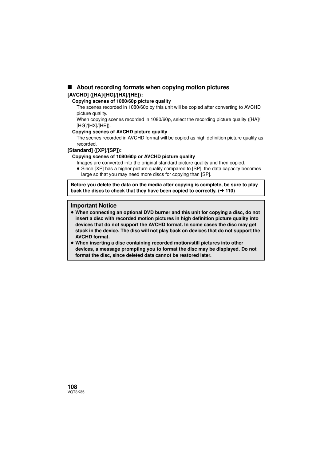 Panasonic HDC-SD800P About recording formats when copying motion pictures, Important Notice, 108, Avchd HA/HG/HX/HE 