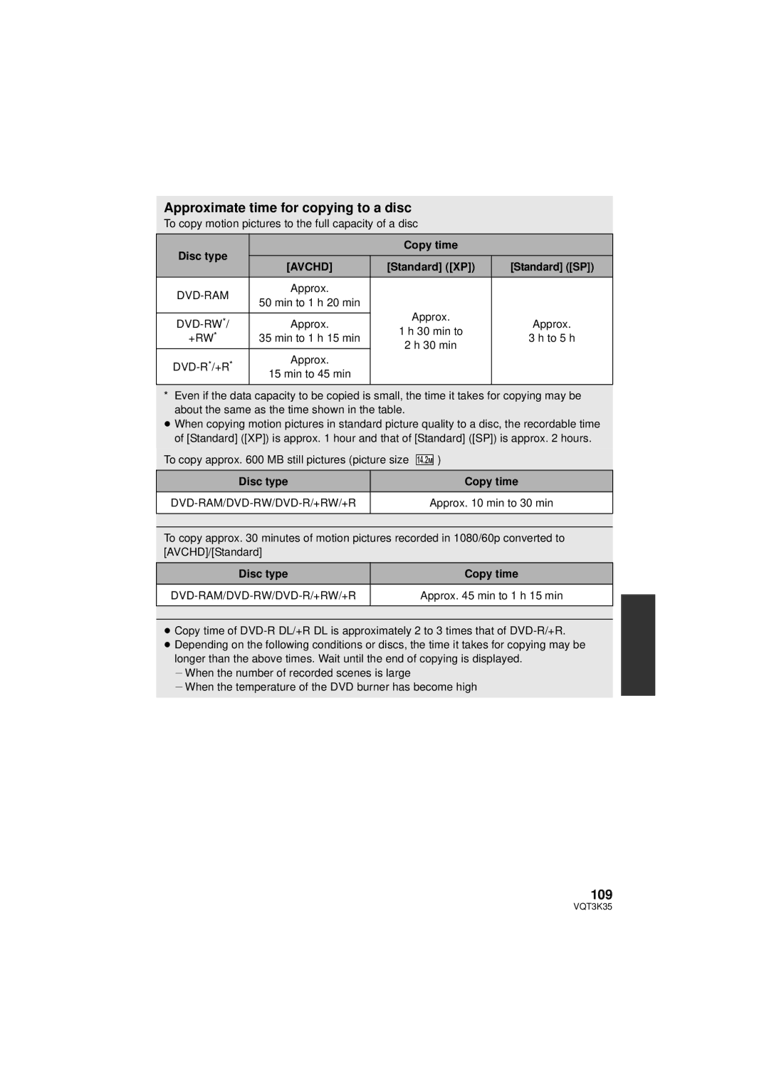 Panasonic HDC-SD800P owner manual Approximate time for copying to a disc, 109, Disc type Copy time, Standard XP 