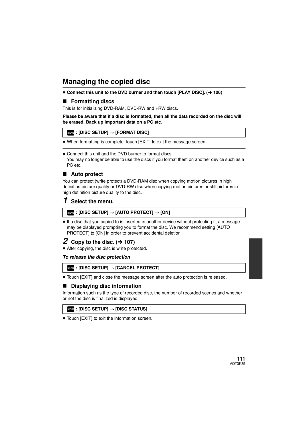 Panasonic HDC-SD800P owner manual Managing the copied disc 