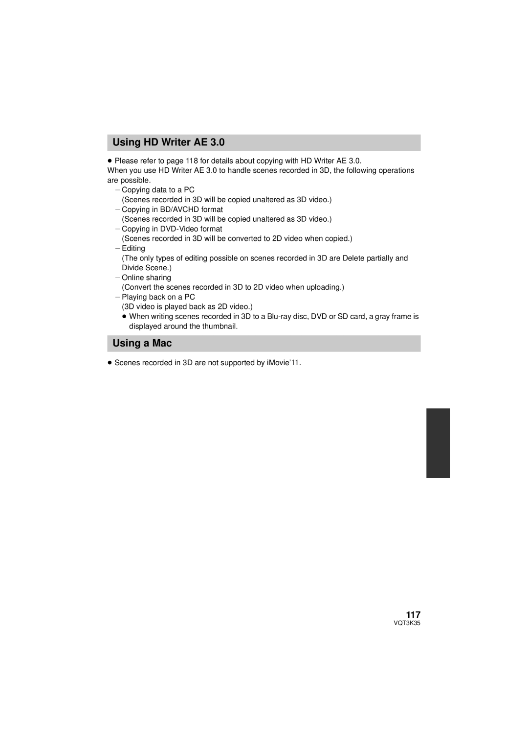 Panasonic HDC-SD800P owner manual 117, ≥ Scenes recorded in 3D are not supported by iMovie’11 