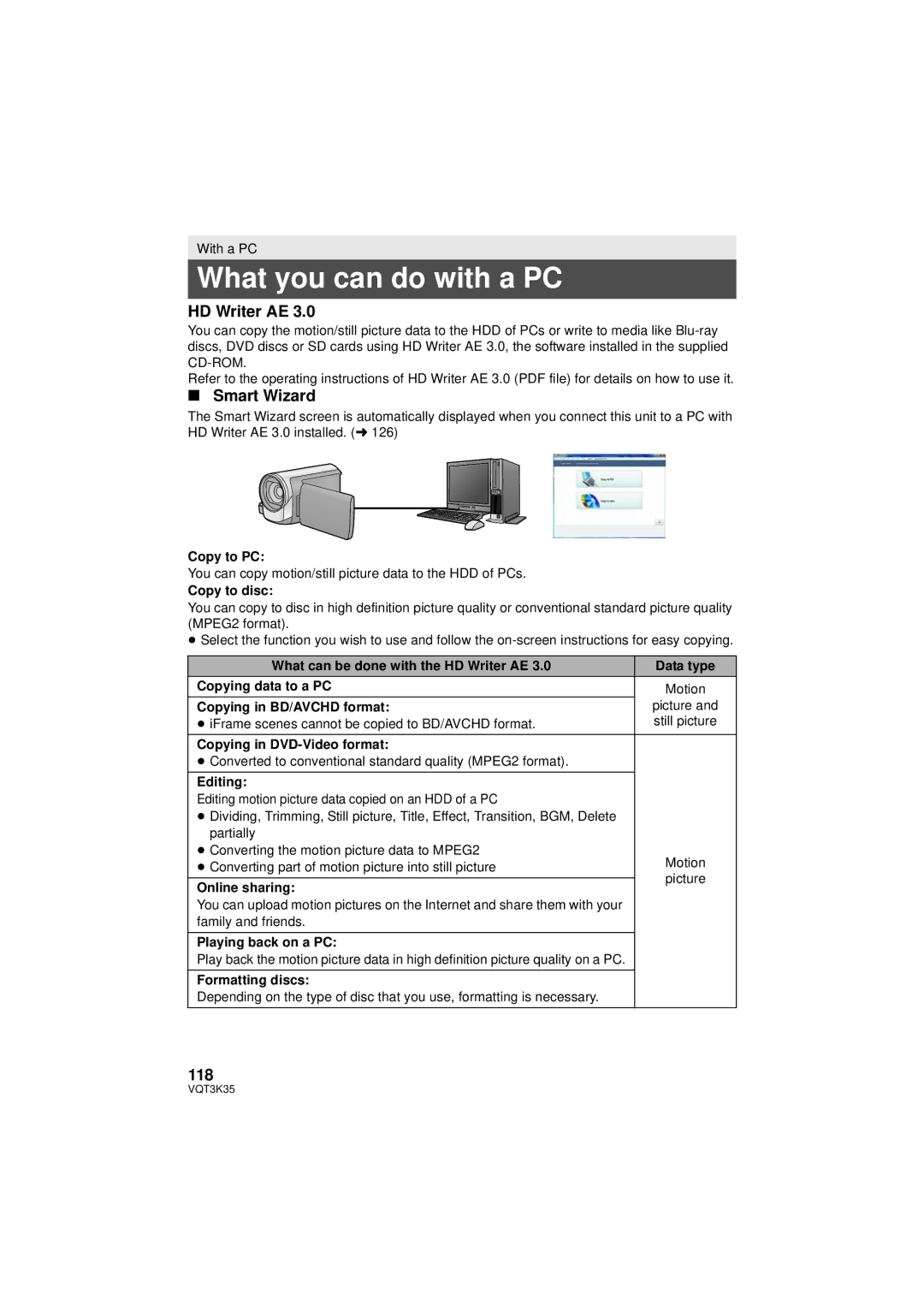 Panasonic HDC-SD800P owner manual What you can do with a PC, HD Writer AE, Smart Wizard, 118 