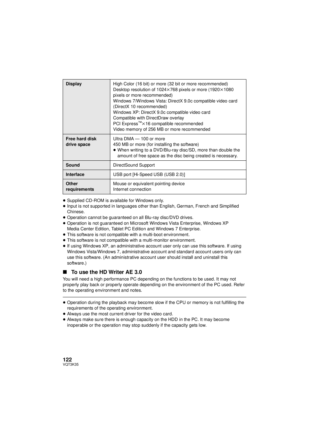 Panasonic HDC-SD800P owner manual To use the HD Writer AE, 122 