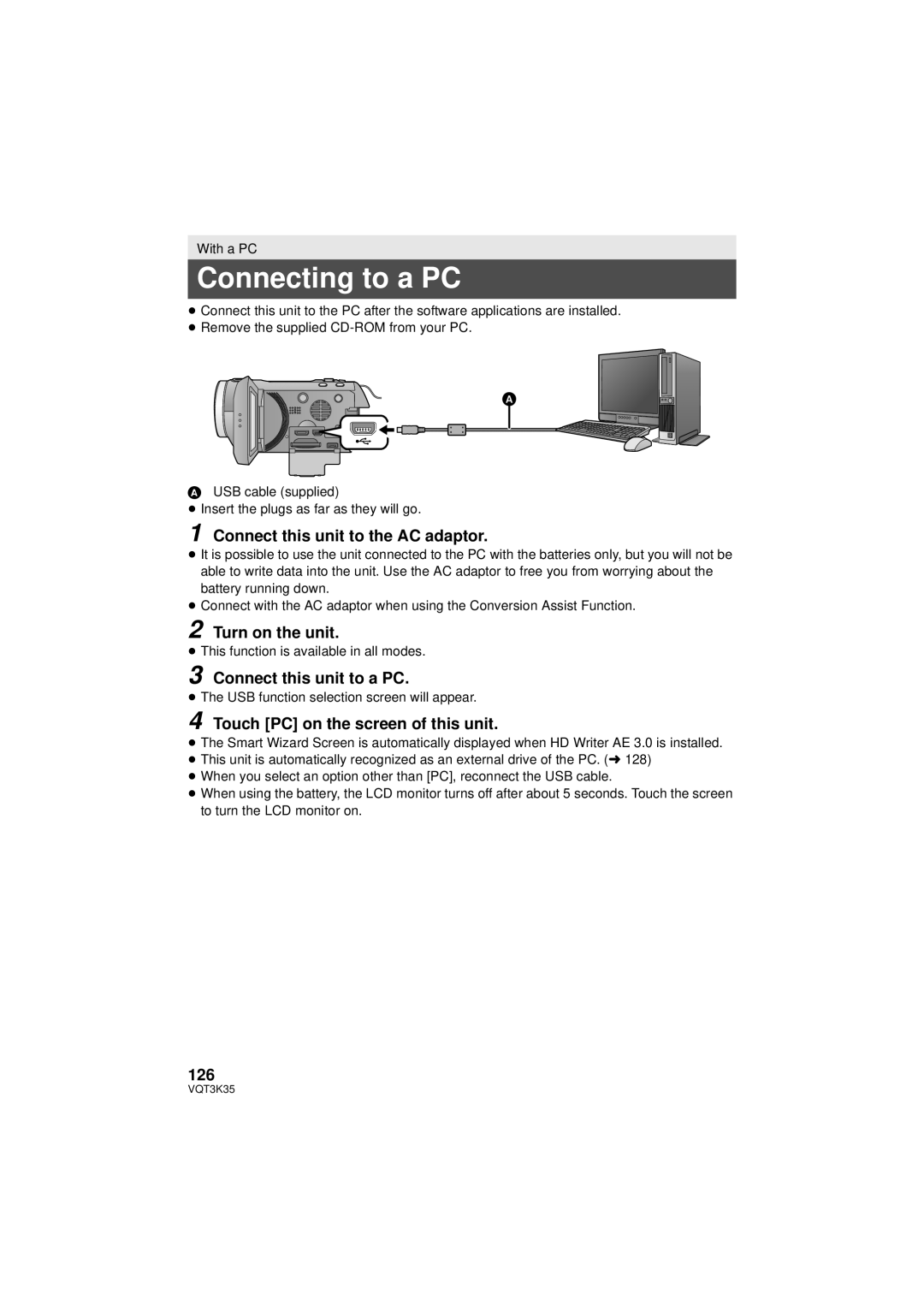 Panasonic HDC-SD800P owner manual Connecting to a PC, Connect this unit to the AC adaptor, Connect this unit to a PC, 126 