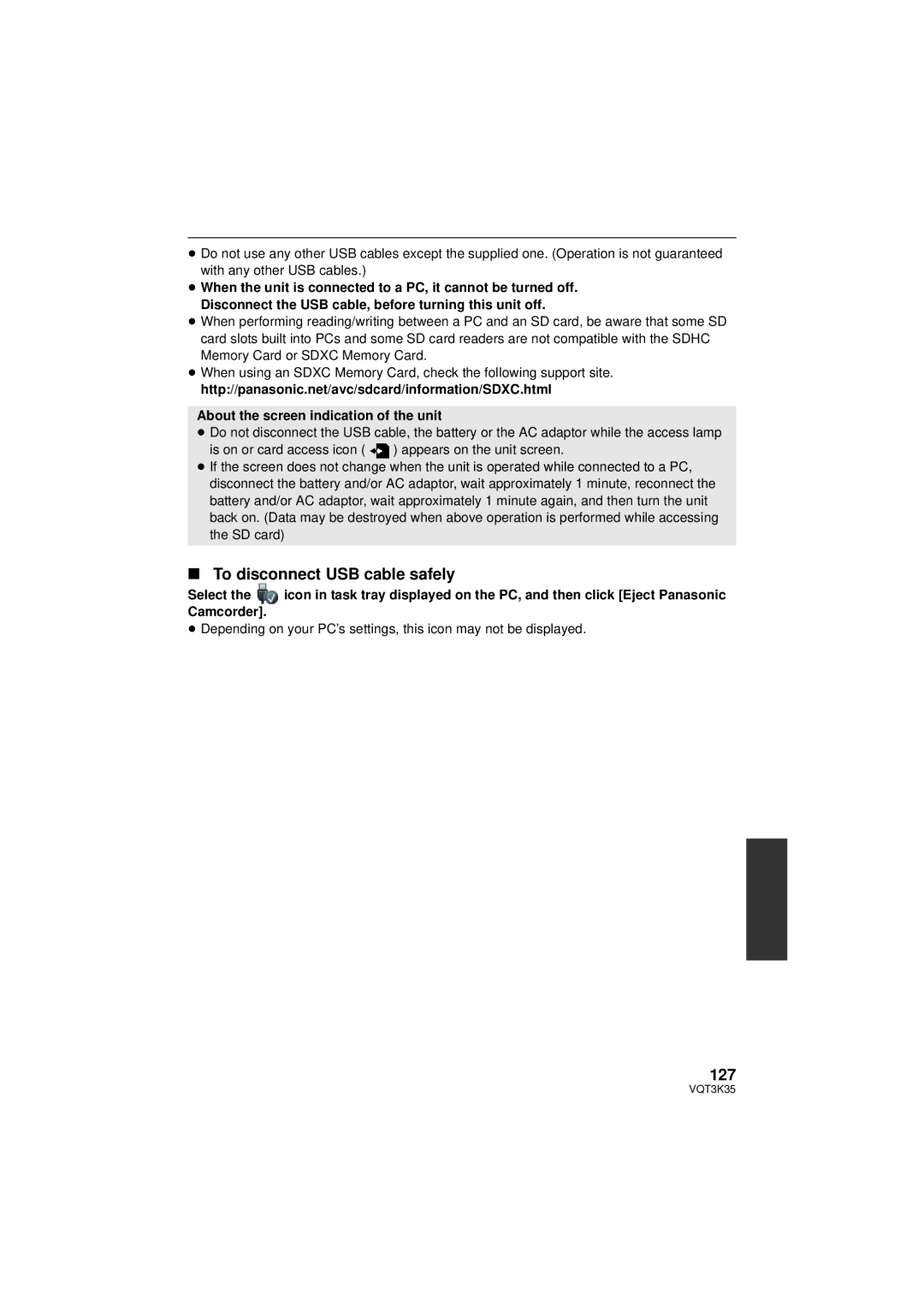 Panasonic HDC-SD800P owner manual To disconnect USB cable safely, 127 