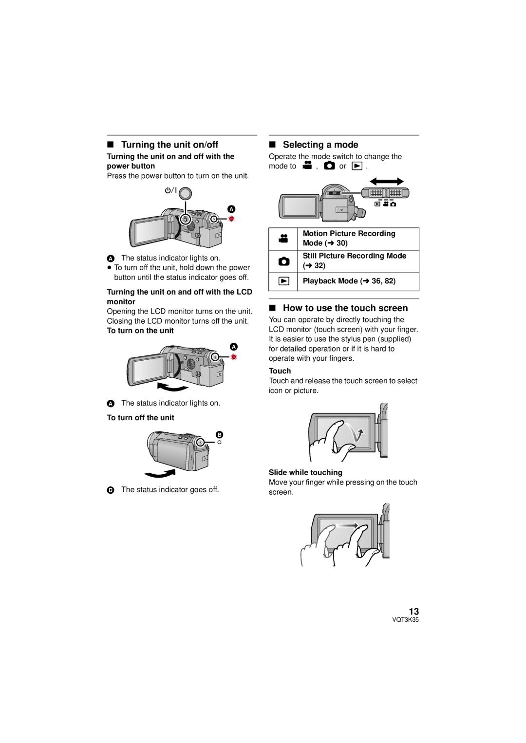 Panasonic HDC-SD800P owner manual Turning the unit on/off, Selecting a mode, How to use the touch screen 