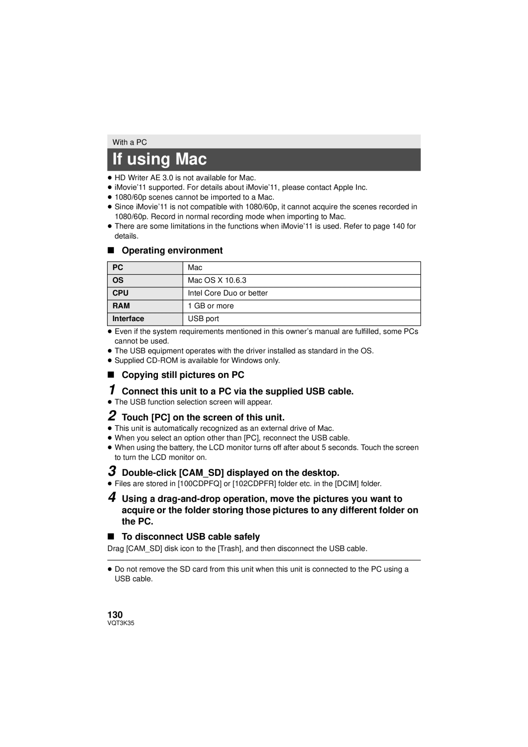 Panasonic HDC-SD800P owner manual If using Mac, Operating environment, Double-click Camsd displayed on the desktop, 130 