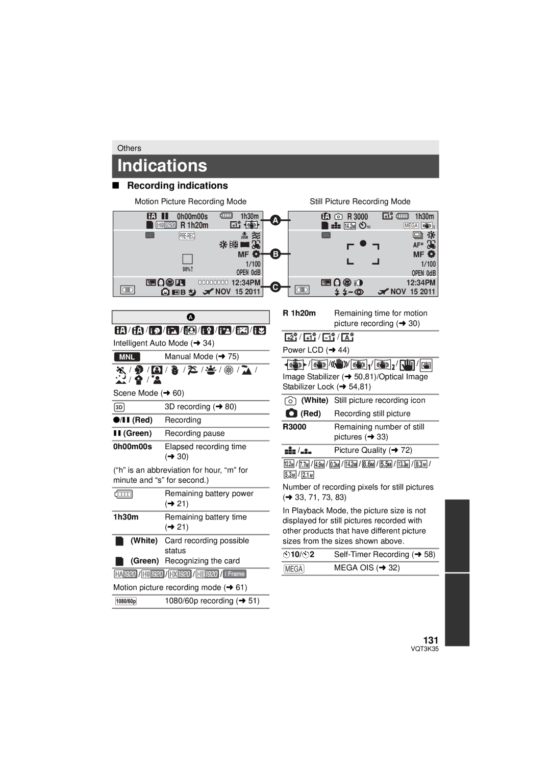 Panasonic HDC-SD800P owner manual Indications, Recording indications, 131, 1h30m 