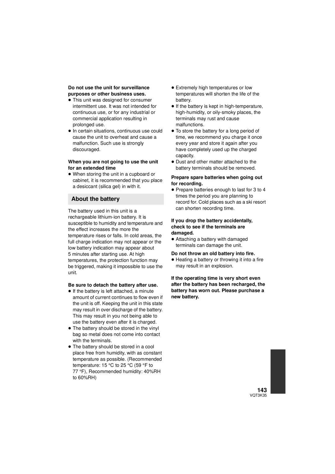 Panasonic HDC-SD800P owner manual About the battery, 143 