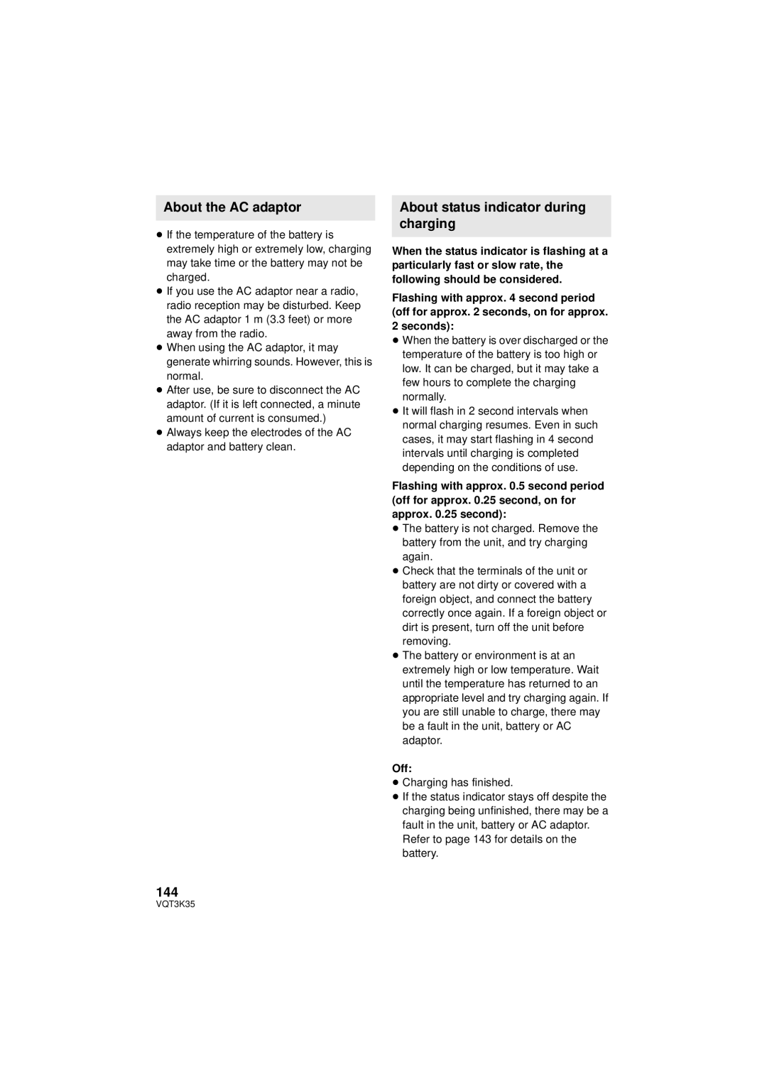 Panasonic HDC-SD800P About the AC adaptor, About status indicator during charging, Seconds, ≥ Charging has finished 