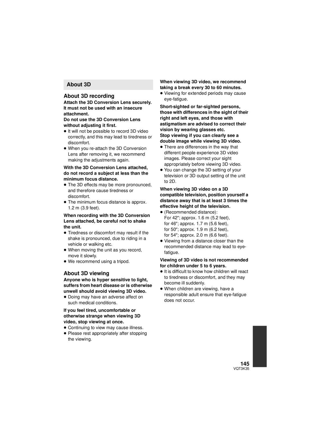 Panasonic HDC-SD800P owner manual About 3D About 3D recording, About 3D viewing, 145, ≥ Recommended distance 