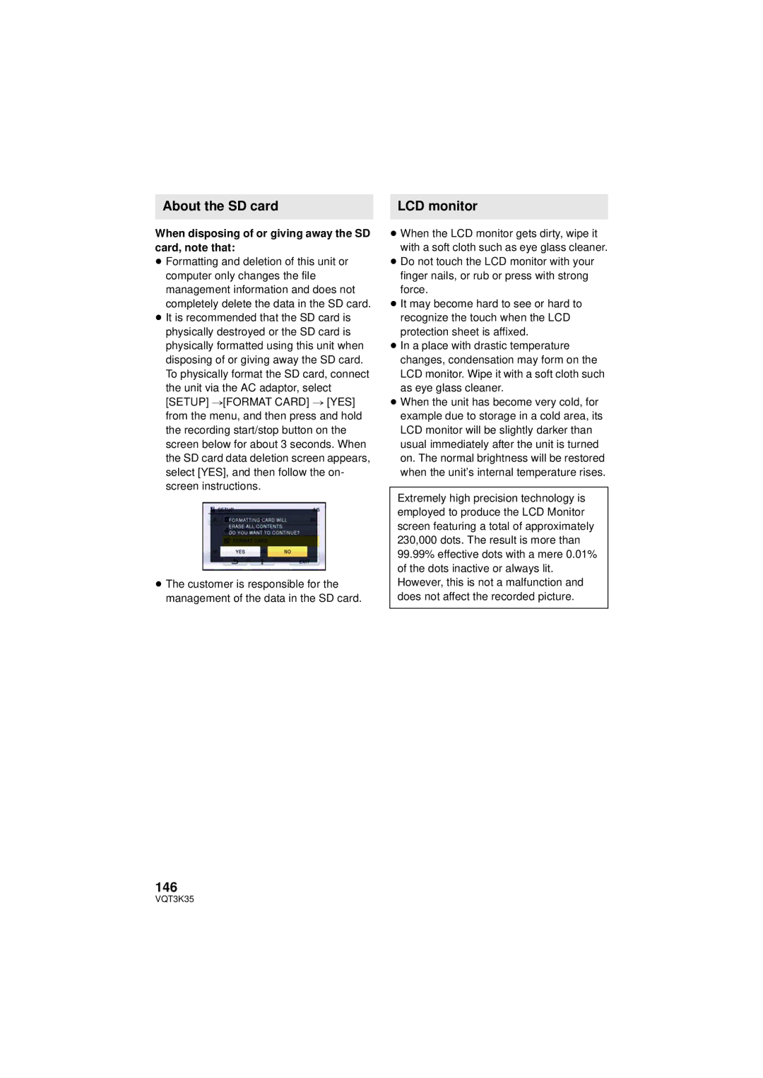 Panasonic HDC-SD800P About the SD card LCD monitor, 146, When disposing of or giving away the SD card, note that 