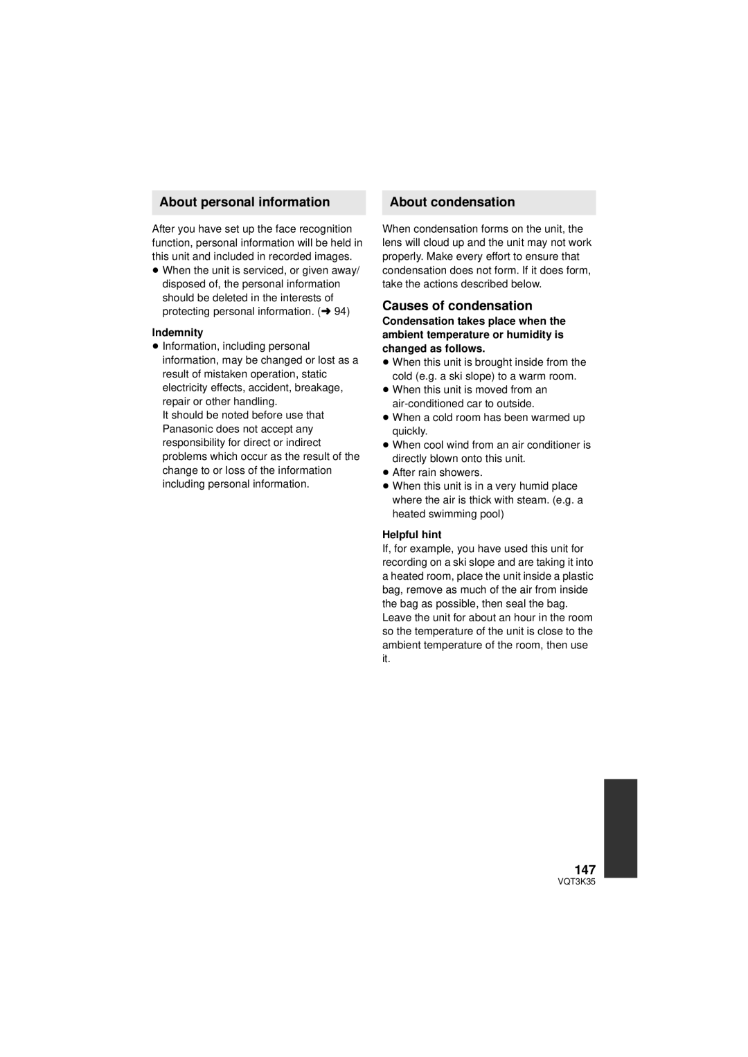 Panasonic HDC-SD800P owner manual About personal information, About condensation, Causes of condensation, 147 