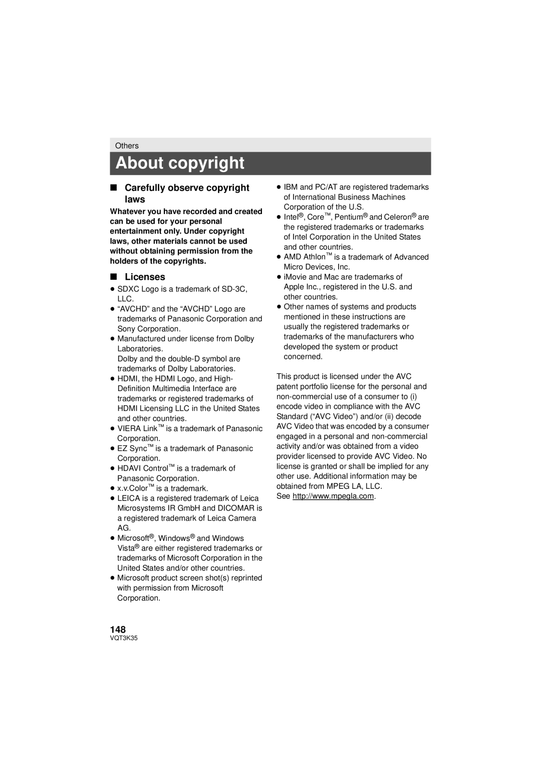 Panasonic HDC-SD800P owner manual About copyright, Carefully observe copyright Laws, Licenses, 148 