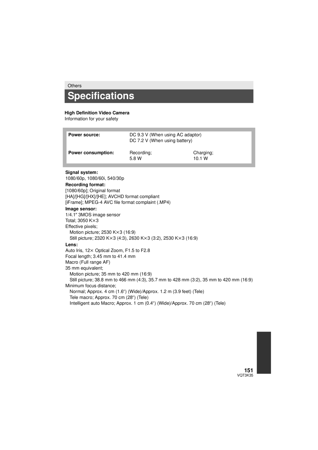 Panasonic HDC-SD800P owner manual Specifications, 151 