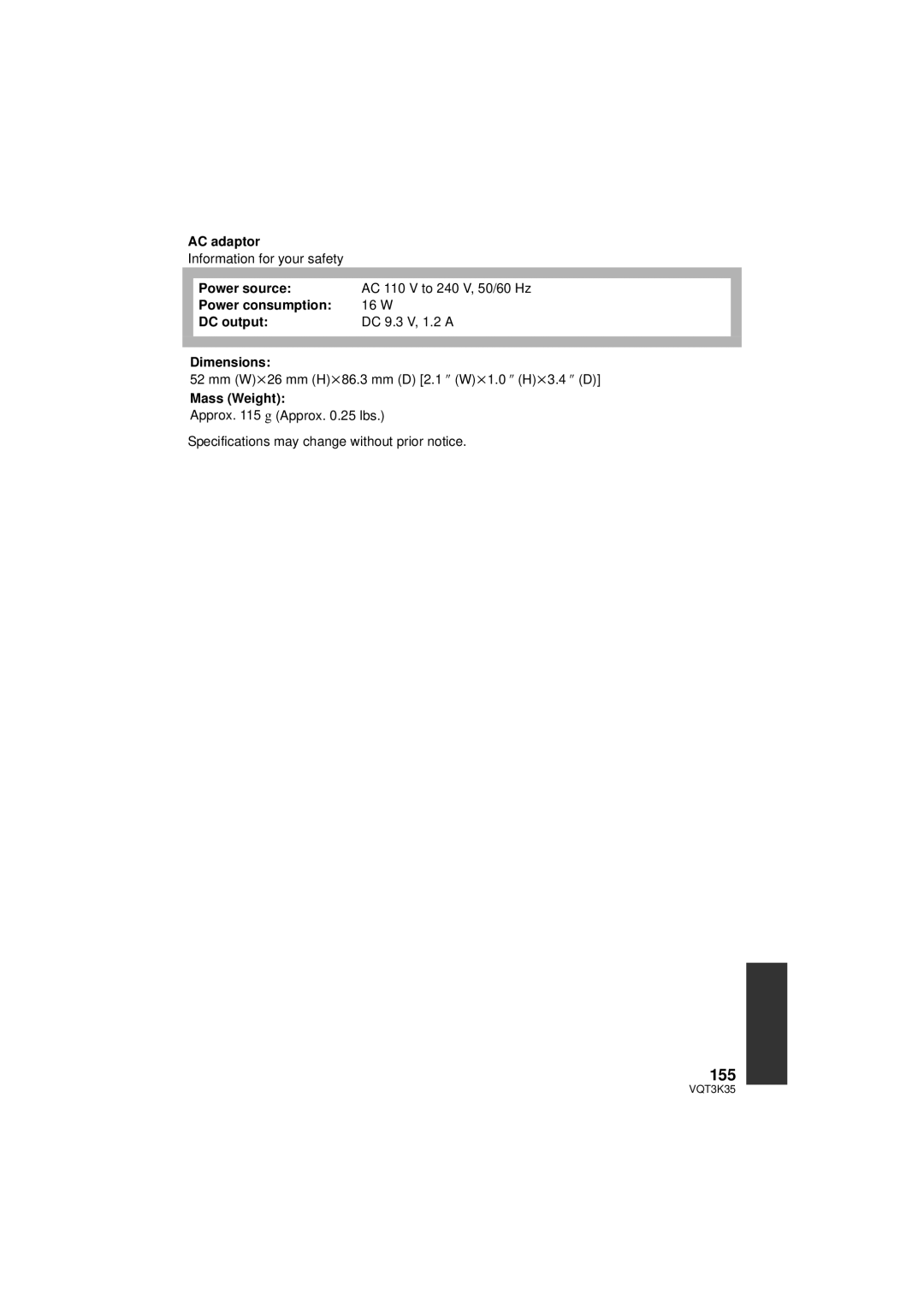 Panasonic HDC-SD800P owner manual 155, Mm Wk26 mm Hk86.3 mm D 2.1 q Wk1.0 q Hk3.4 q D 