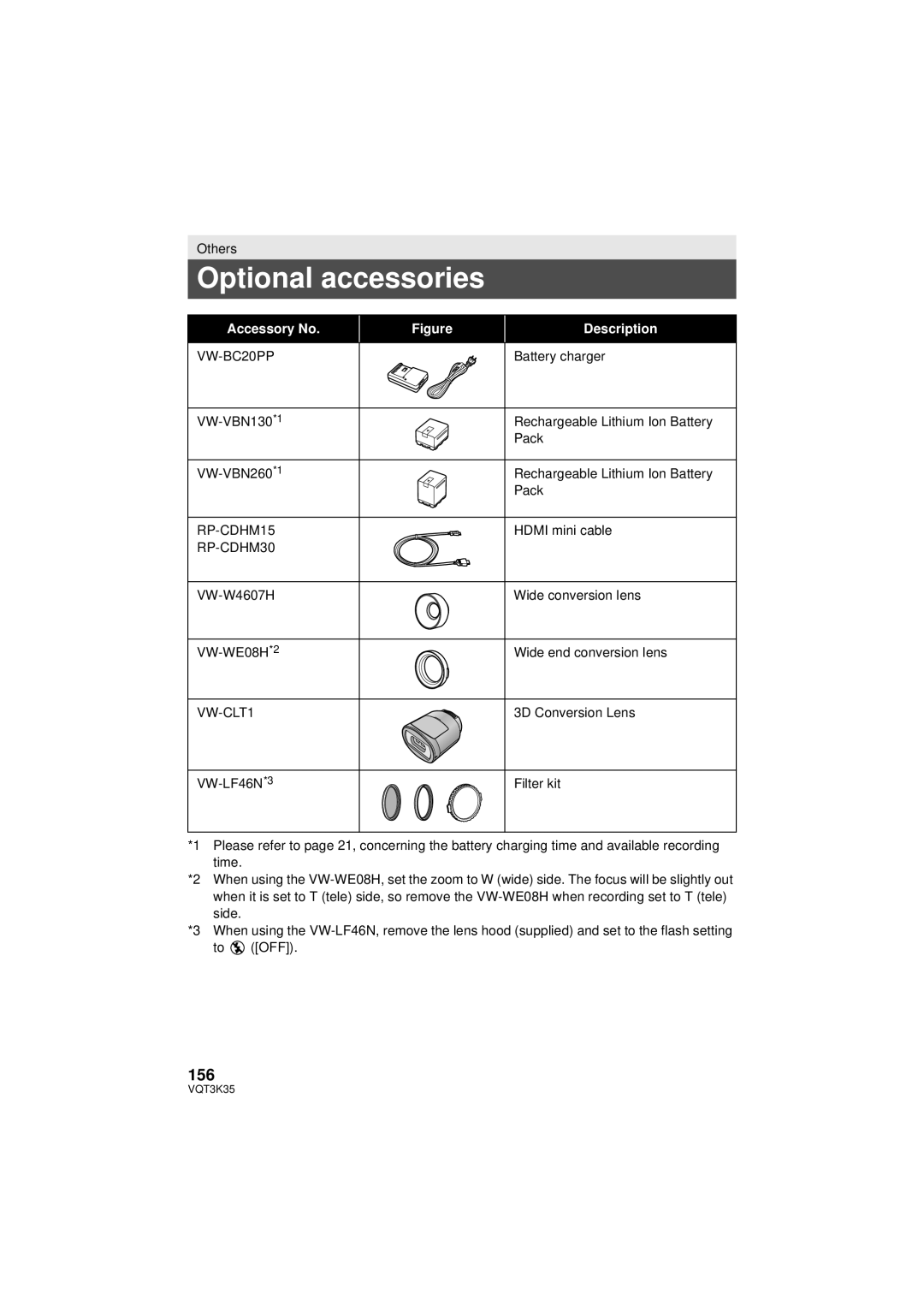 Panasonic HDC-SD800P owner manual Optional accessories, 156 