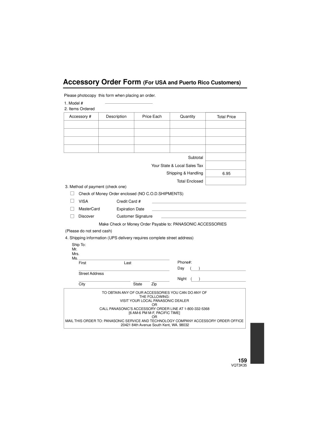 Panasonic HDC-SD800P owner manual Accessory Order Form For USA and Puerto Rico Customers, 159 