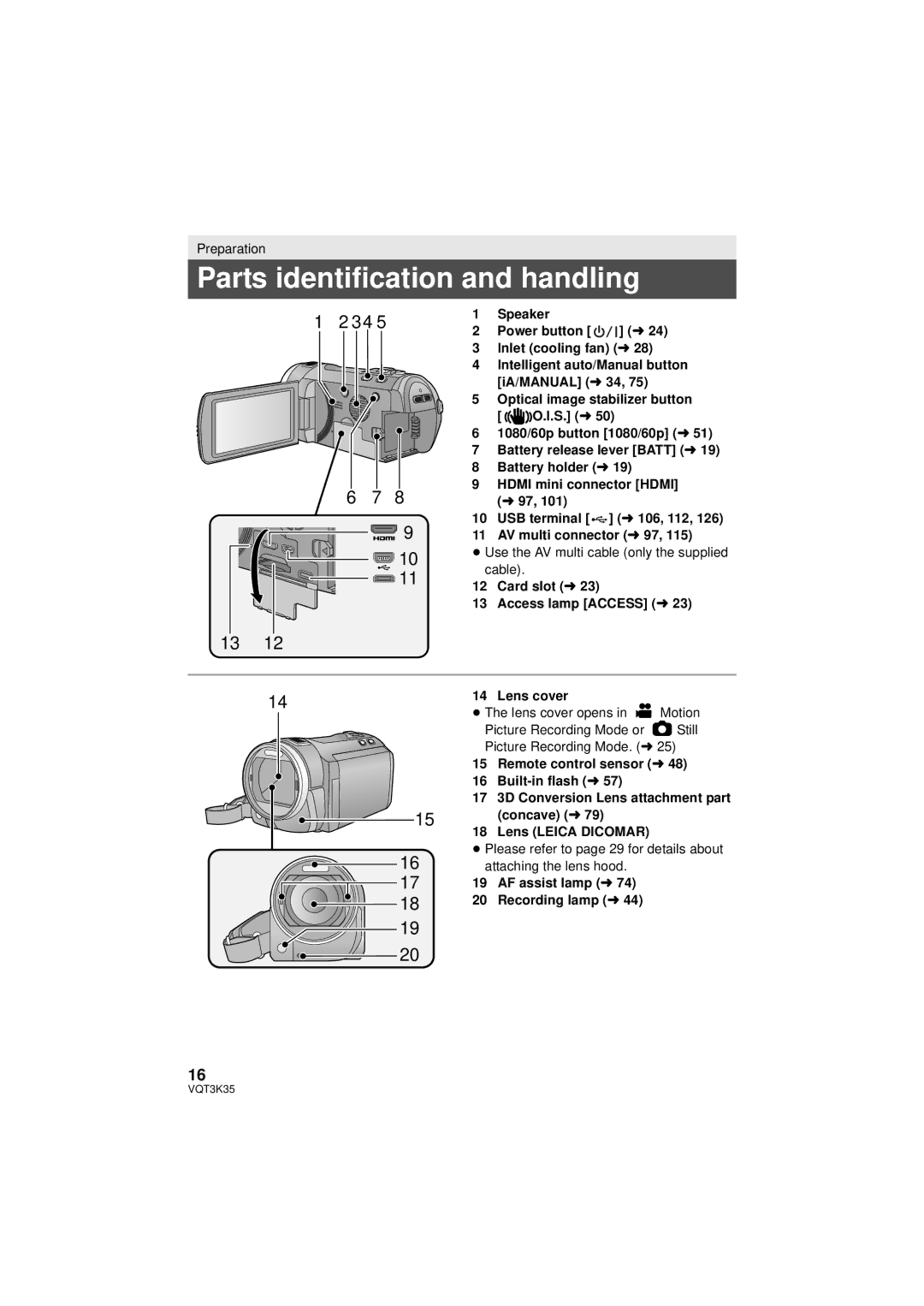 Panasonic HDC-SD800P owner manual Parts identification and handling, Preparation, Concave l Lens Leica Dicomar 