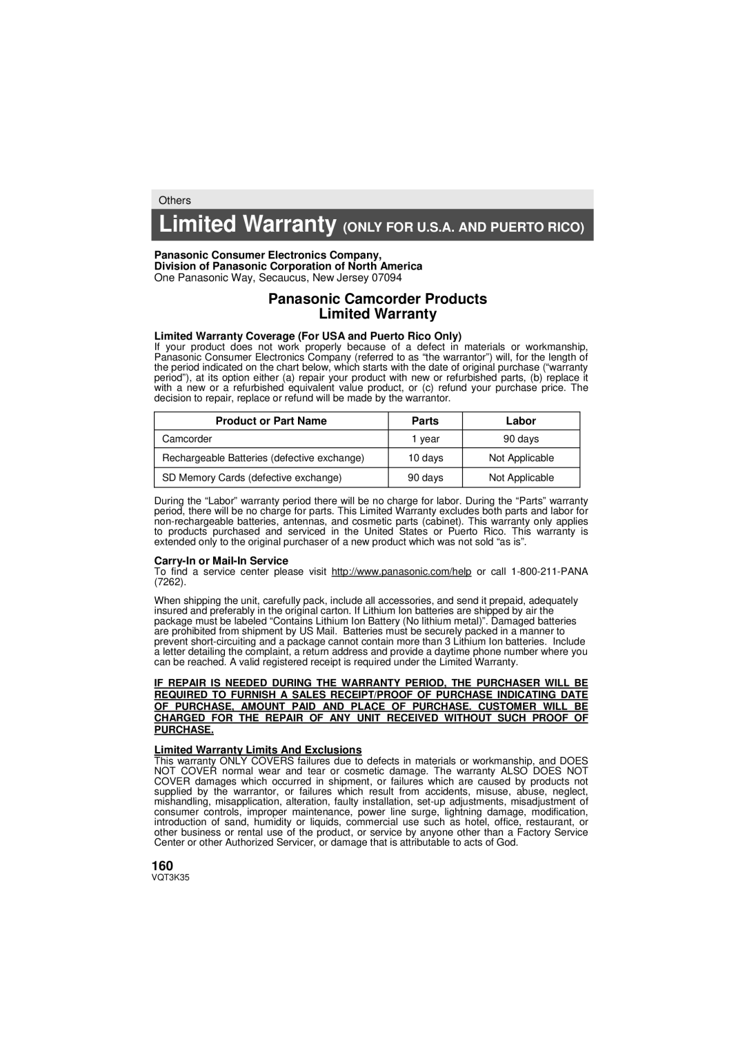 Panasonic HDC-SD800P 160, Limited Warranty Coverage For USA and Puerto Rico Only, Product or Part Name Parts Labor 