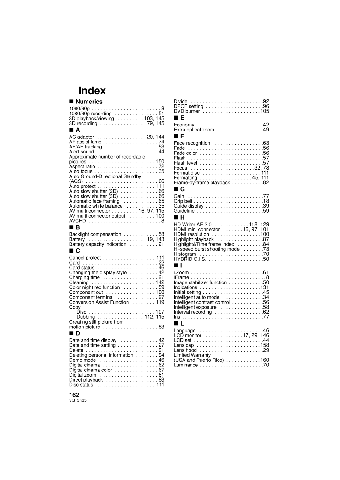 Panasonic HDC-SD800P owner manual Numerics, 162, Date and time display Date and time setting Delete 