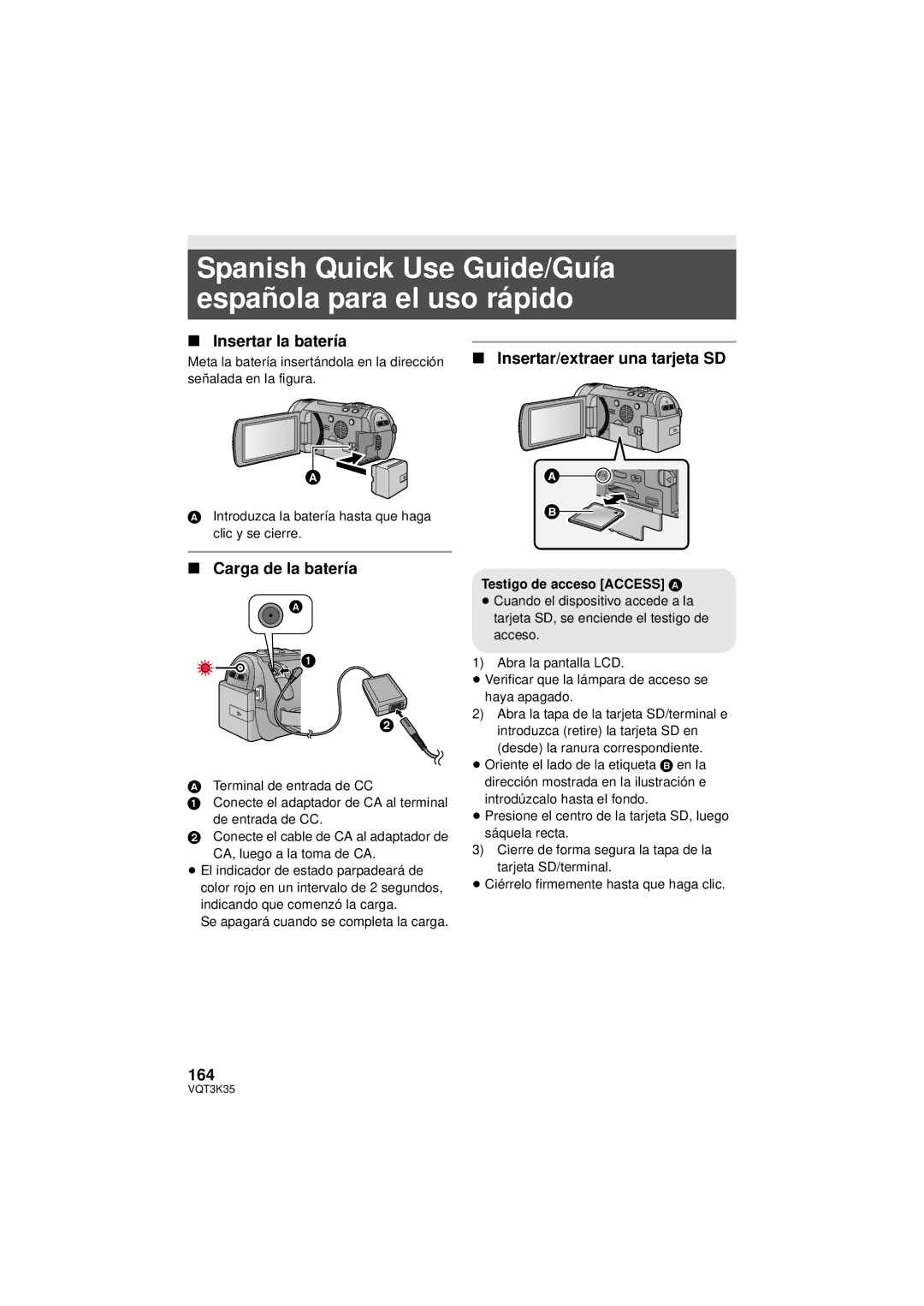 Panasonic HDC-SD800P Spanish Quick Use Guide/Guía española para el uso rápido, Insertar la batería, Carga de la batería 