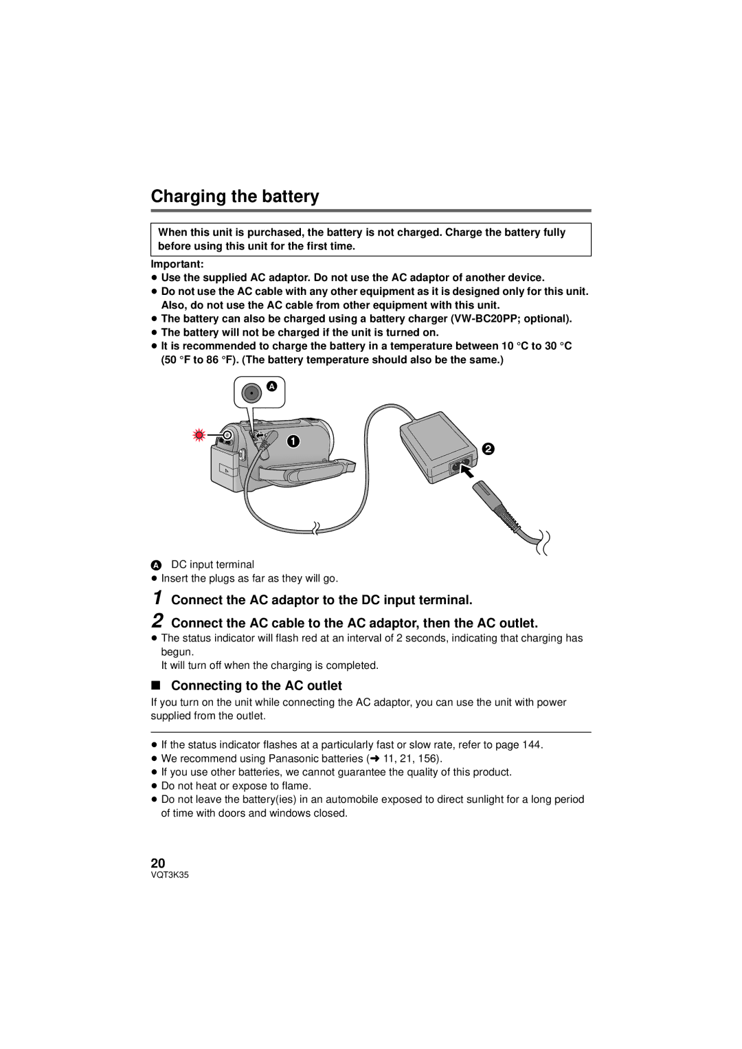 Panasonic HDC-SD800P Charging the battery, Connect the AC adaptor to the DC input terminal, Connecting to the AC outlet 