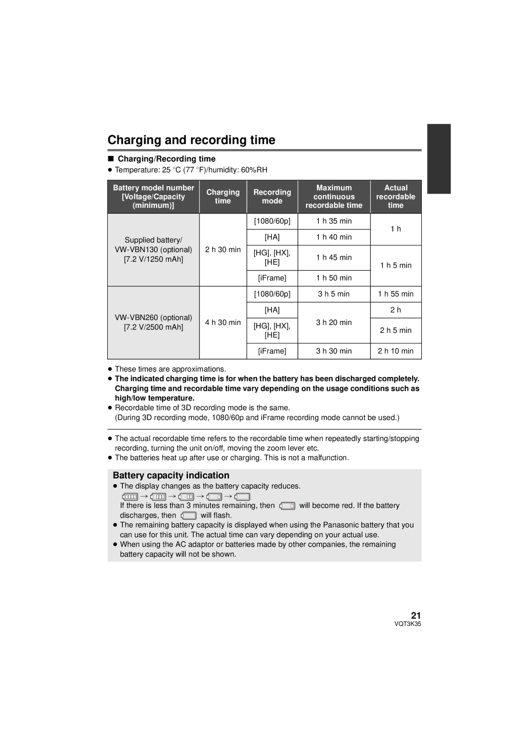 Panasonic HDC-SD800P owner manual Charging and recording time, Battery capacity indication, Charging/Recording time 