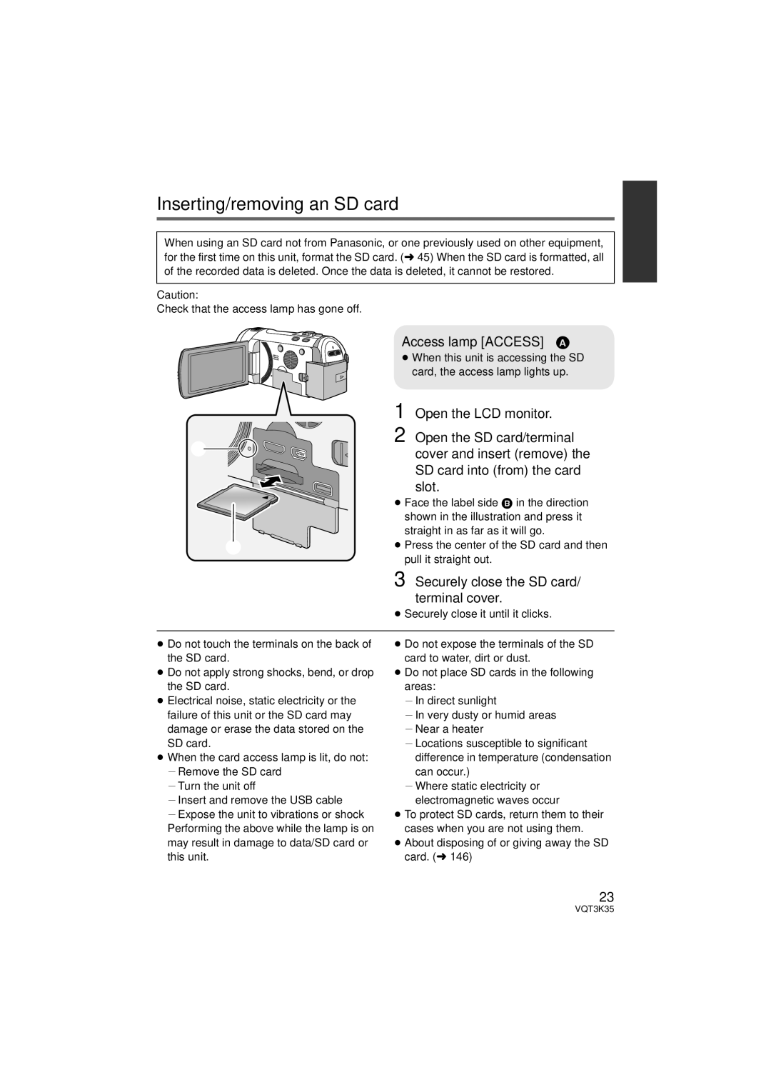 Panasonic HDC-SD800P Inserting/removing an SD card, Access lamp Access a, Securely close the SD card/ terminal cover 