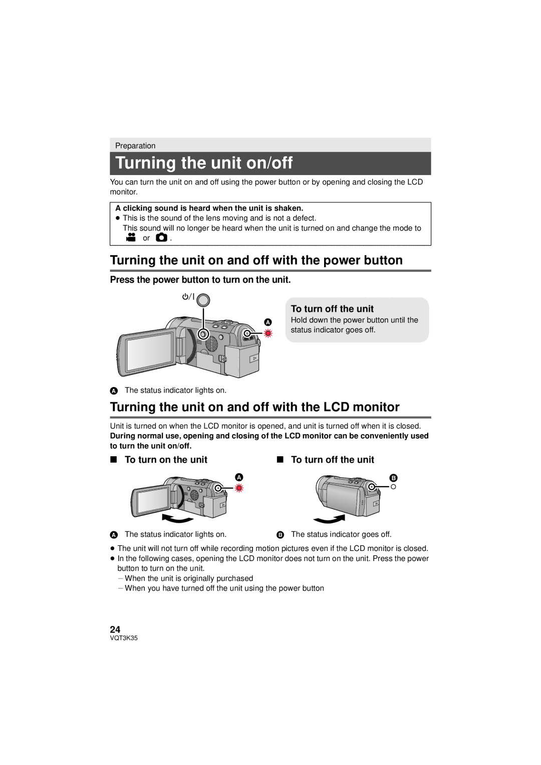 Panasonic HDC-SD800P owner manual Turning the unit on/off, Turning the unit on and off with the power button 