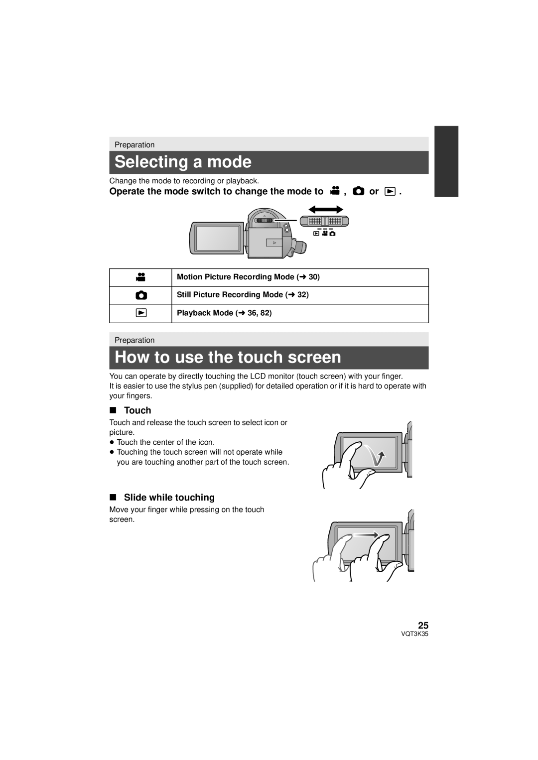 Panasonic HDC-SD800P Selecting a mode, How to use the touch screen, Operate the mode switch to change the mode to , or 