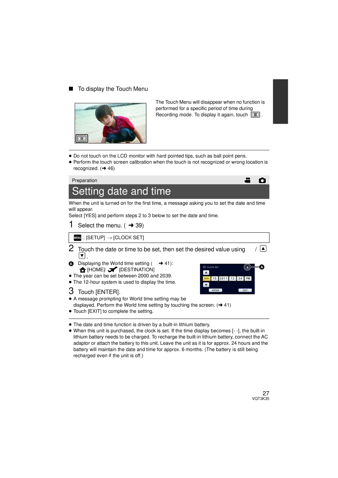 Panasonic HDC-SD800P owner manual Setting date and time, To display the Touch Menu, Select the menu. l, Touch Enter 