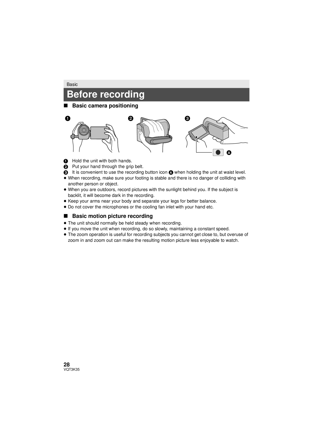 Panasonic HDC-SD800P owner manual Before recording, Basic camera positioning, Basic motion picture recording 