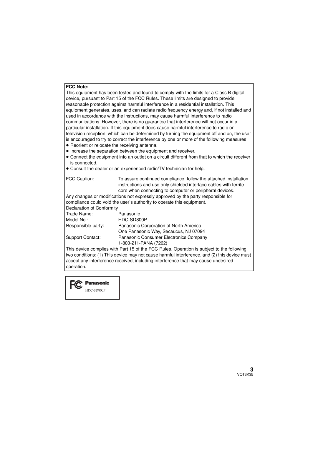 Panasonic HDC-SD800P FCC Note, Core when connecting to computer or peripheral devices, Trade Name Panasonic Model No 