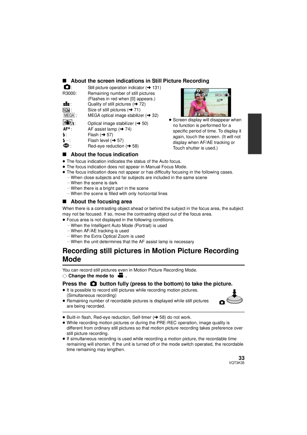 Panasonic HDC-SD800P owner manual Recording still pictures in Motion Picture Recording Mode, About the focus indication 