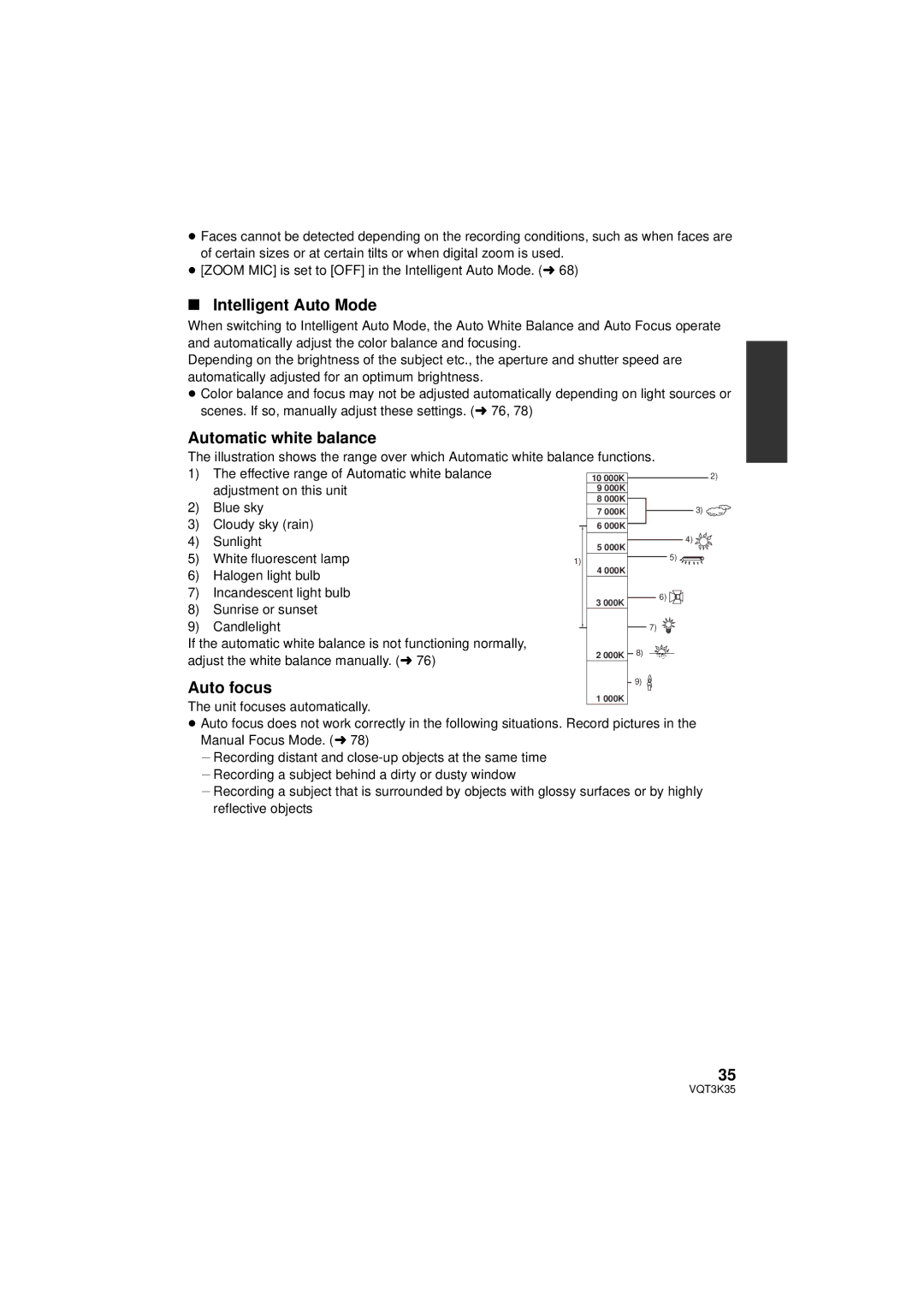 Panasonic HDC-SD800P owner manual Intelligent Auto Mode, Automatic white balance, Auto focus 