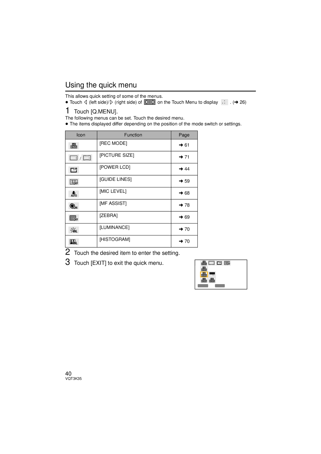 Panasonic HDC-SD800P owner manual Using the quick menu, Touch Q.MENU, Icon Function 