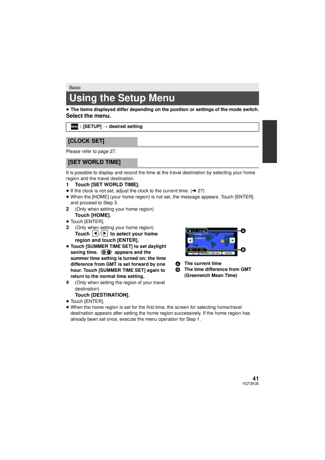 Panasonic HDC-SD800P owner manual Using the Setup Menu, Select the menu, Clock SET, SET World Time 